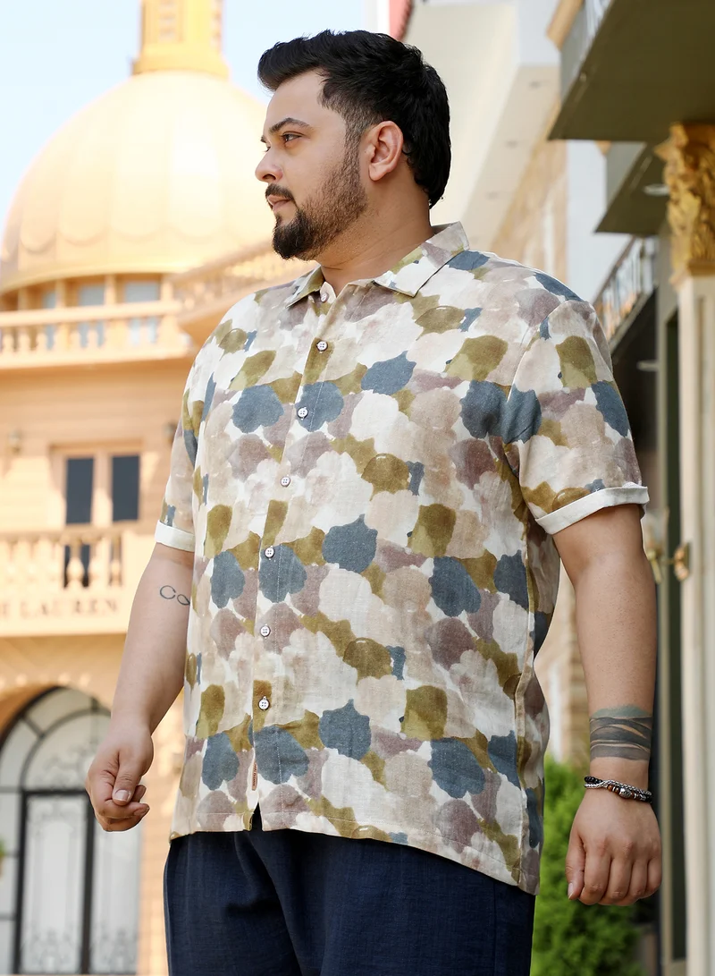Instafab Plus Instafab Plus Men's Yellow Ochre & Moon Grey Abstract Print Shirt For Casual Wear | Spread Collar | Short Cuffed Sleeves | Button Closure | Plus Size Shirt Crafted With Comfort Fit For Everyday Wear