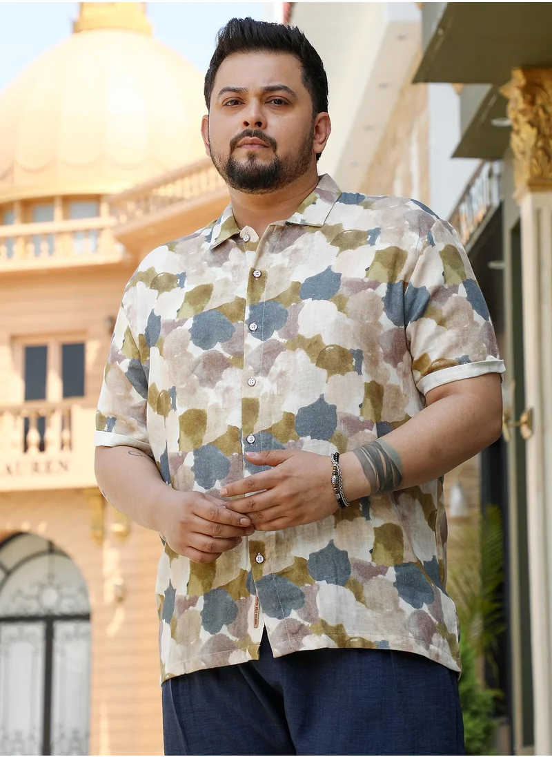 Instafab Plus Instafab Plus Men's Yellow Ochre & Moon Grey Abstract Print Shirt For Casual Wear | Spread Collar | Short Cuffed Sleeves | Button Closure | Plus Size Shirt Crafted With Comfort Fit For Everyday Wear