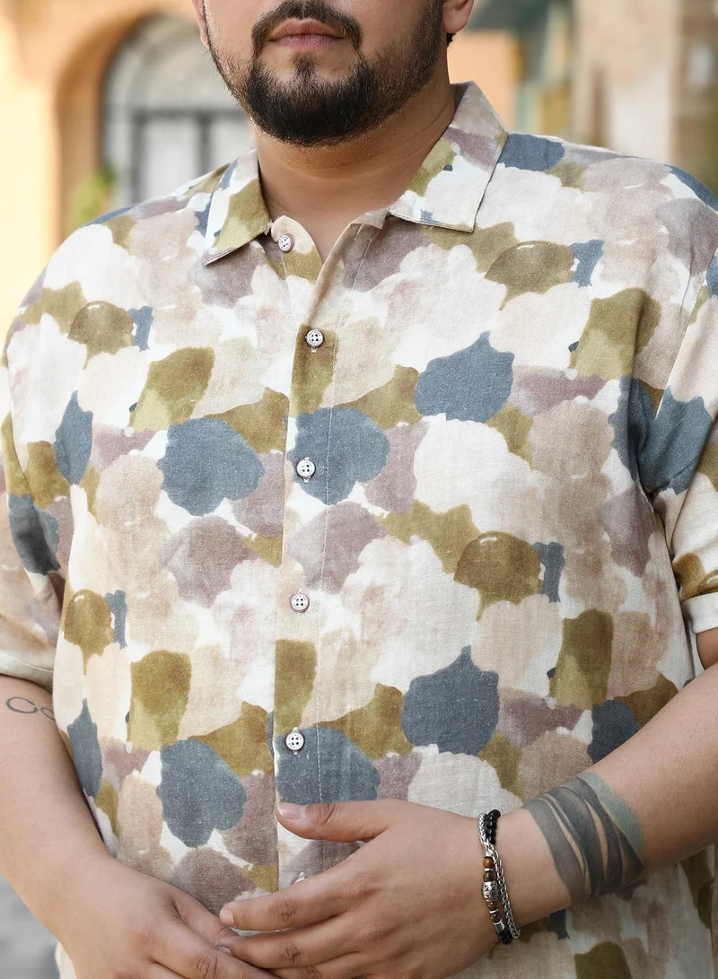 Instafab Plus Instafab Plus Men's Yellow Ochre & Moon Grey Abstract Print Shirt For Casual Wear | Spread Collar | Short Cuffed Sleeves | Button Closure | Plus Size Shirt Crafted With Comfort Fit For Everyday Wear