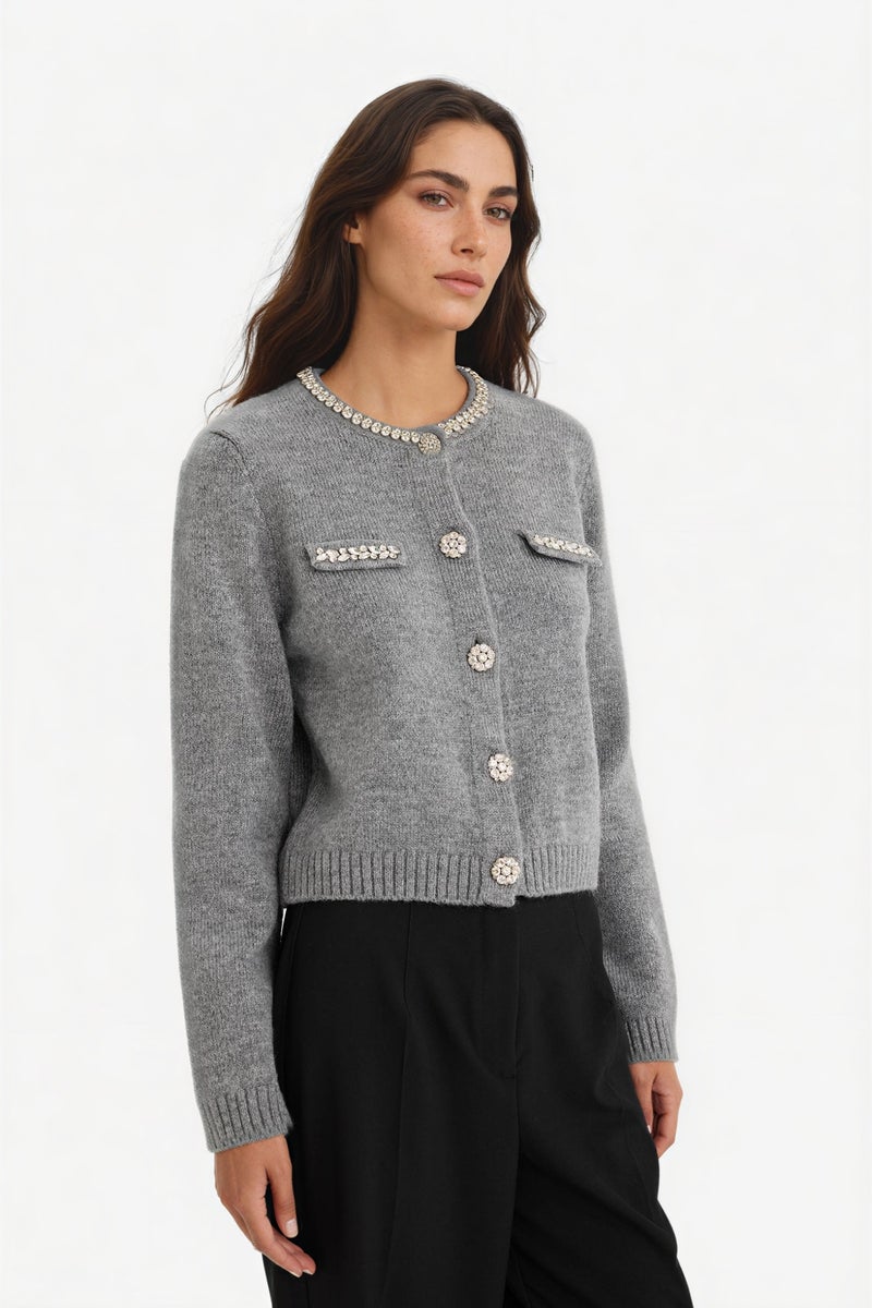 DeFacto Grey Woman Regular Fit Crew Neck Embroidered Knitwear Cardigan Casual - Image 4