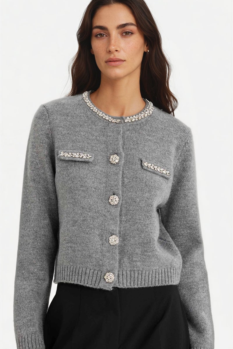 DeFacto Grey Woman Regular Fit Crew Neck Embroidered Knitwear Cardigan Casual - Image 1