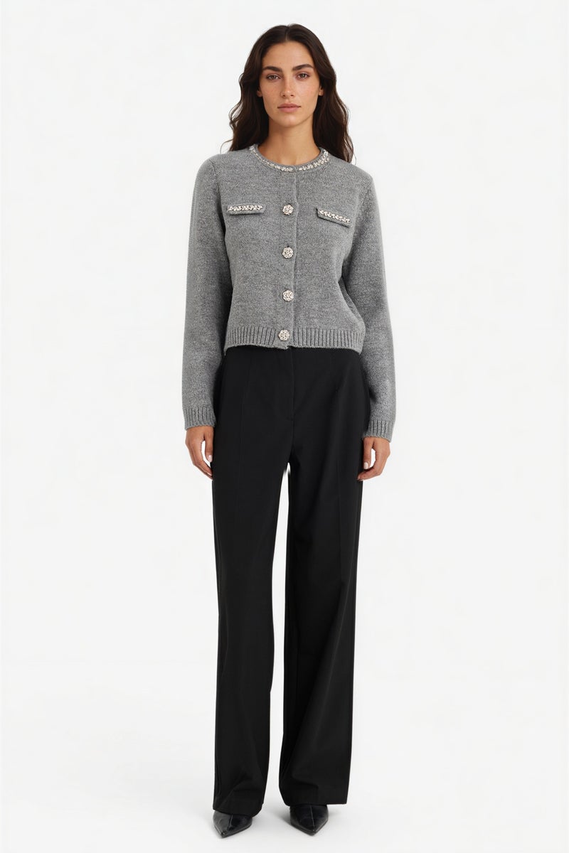 DeFacto Grey Woman Regular Fit Crew Neck Embroidered Knitwear Cardigan Casual - Image 2