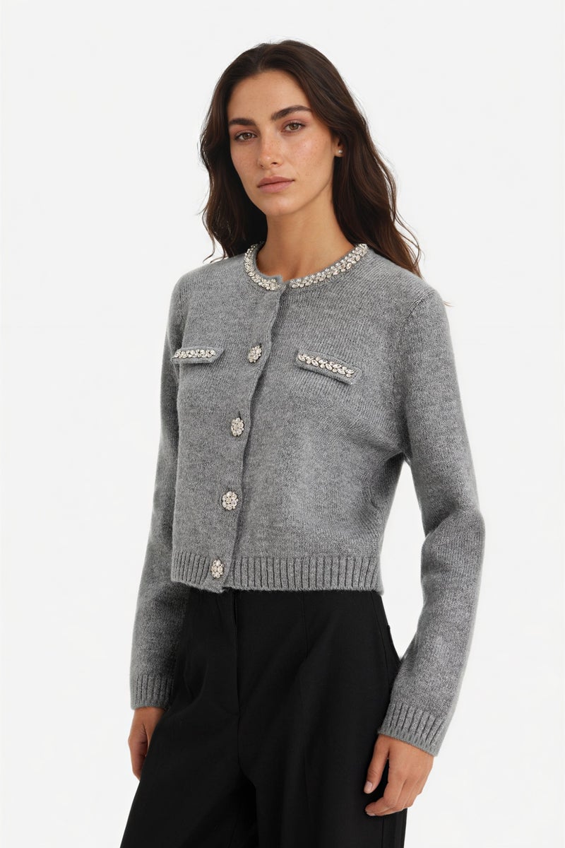 DeFacto Grey Woman Regular Fit Crew Neck Embroidered Knitwear Cardigan Casual - Image 3