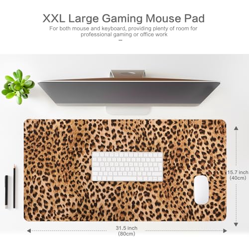 Lokigo Leopard Print Desk Pad, Brown Large Gaming Mouse Pad, Waterproof Rubber Base Mousepad for Desk with Stitched Edges DeskMatt for Laptop Gaming Office Work Study, 31.5"x15.7", Cheetah - Image 2