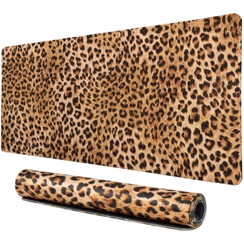 Lokigo Leopard Print Desk Pad, Brown Large Gaming Mouse Pad, Waterproof Rubber Base Mousepad for Desk with Stitched Edges DeskMatt for Laptop Gaming Office Work Study, 31.5"x15.7", Cheetah - Image 1