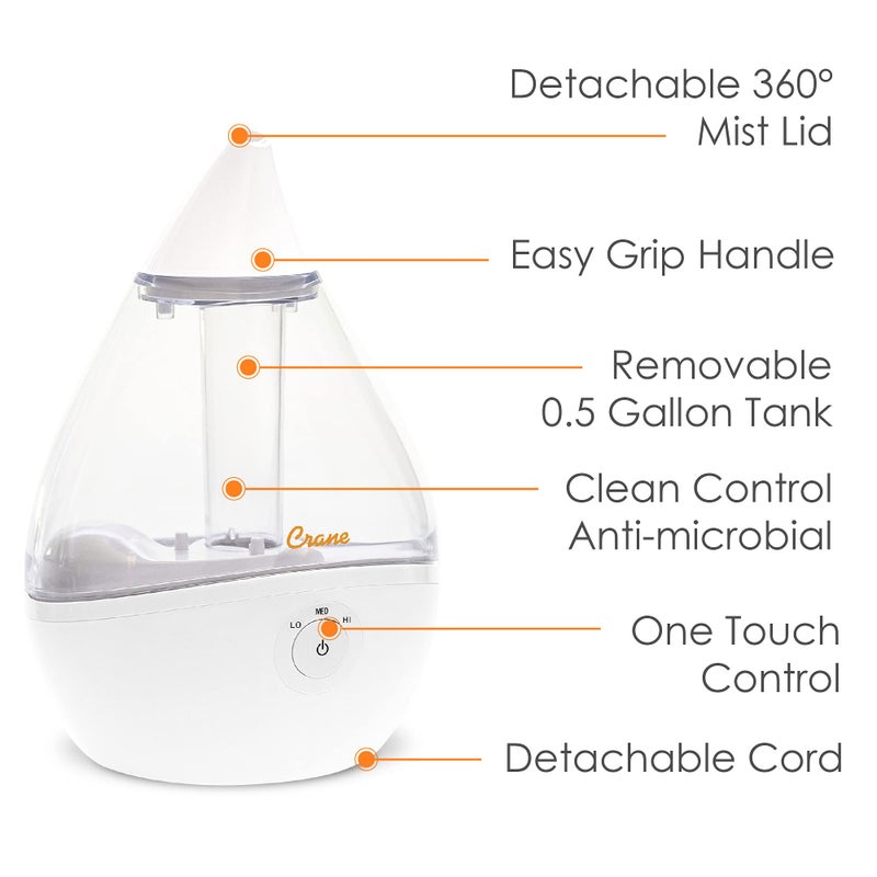 Crane Ultrasonic Teardrop Humidifier for Baby, Cool Mist, Auto Shut off, Adjustable Humidity, for Nursery, Bedroom, Clear and White, 0.5 Gallon - Image 3