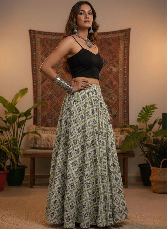 WineRed Floral Printed Maxi Flared Skirt in Pure Cotton - Image 3