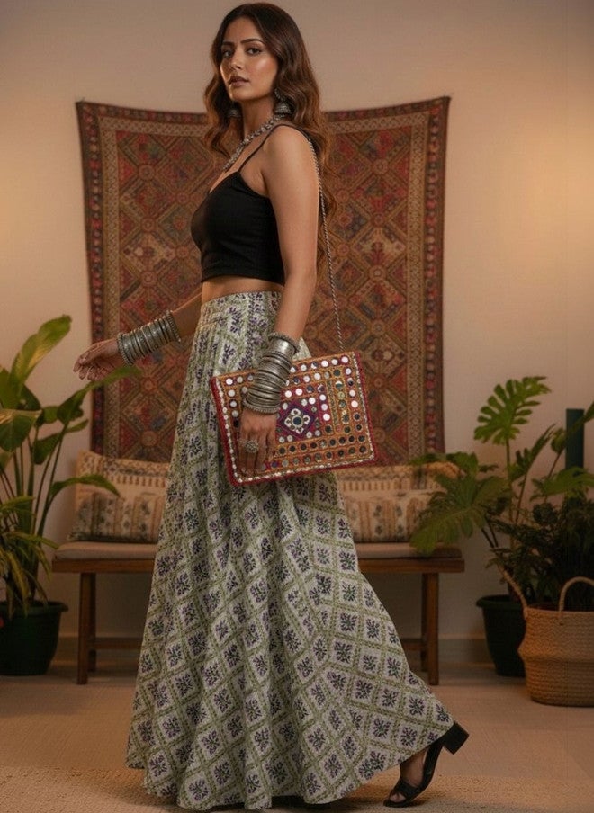 WineRed Floral Printed Maxi Flared Skirt in Pure Cotton - Image 2