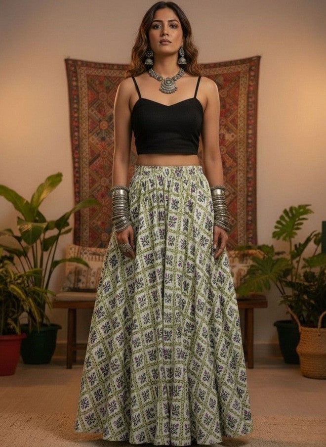 WineRed Floral Printed Maxi Flared Skirt in Pure Cotton - Image 1