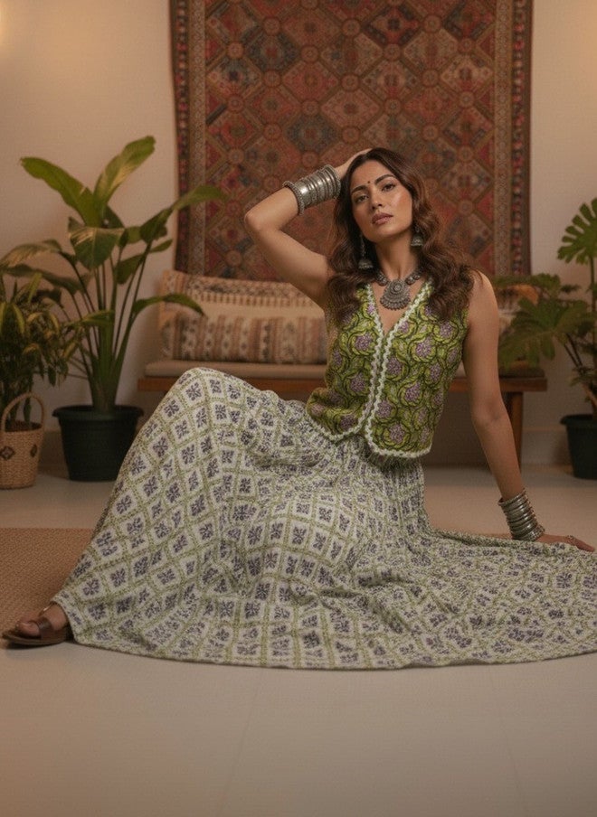 WineRed Floral Printed Maxi Flared Skirt in Pure Cotton - Image 5