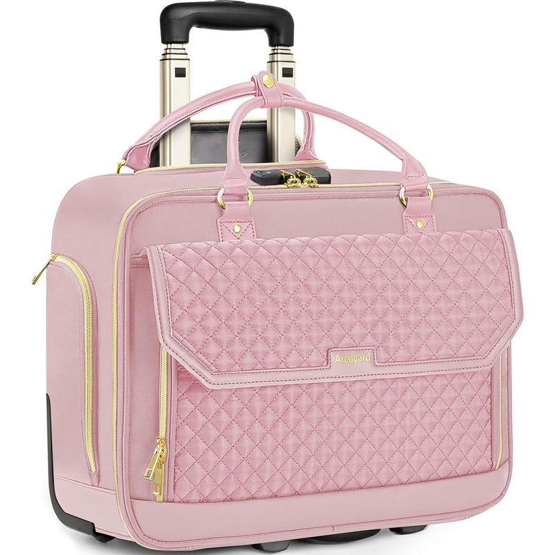Arcoyard Rolling Laptop Bag Women Rolling Briefcase for Women for Work 17 Inch Computer Bag with Wheels Fashion Flap Laptop Bag With Wheels for Work Business for Teacher TSA Friendly Design Pink - Image 2