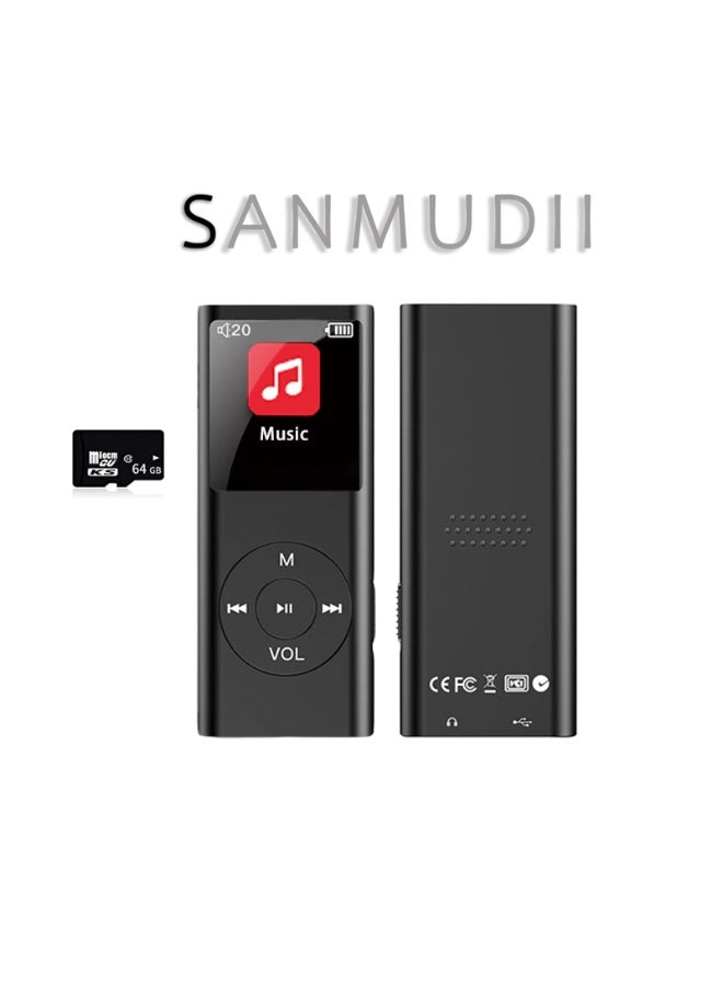 SANMUDII Bluetooth MP3 player with 64GB of storage, featuring a smart system with a vibrant UI and an IPS HD display. Includes a built-in speaker, FM radio, voice recording, and e-book compatibility. Designed specifically for sports and running, this portable media player makes an excellent gift for classmates, friends, family, or students—perfect for the holidays (Black). - Image 1
