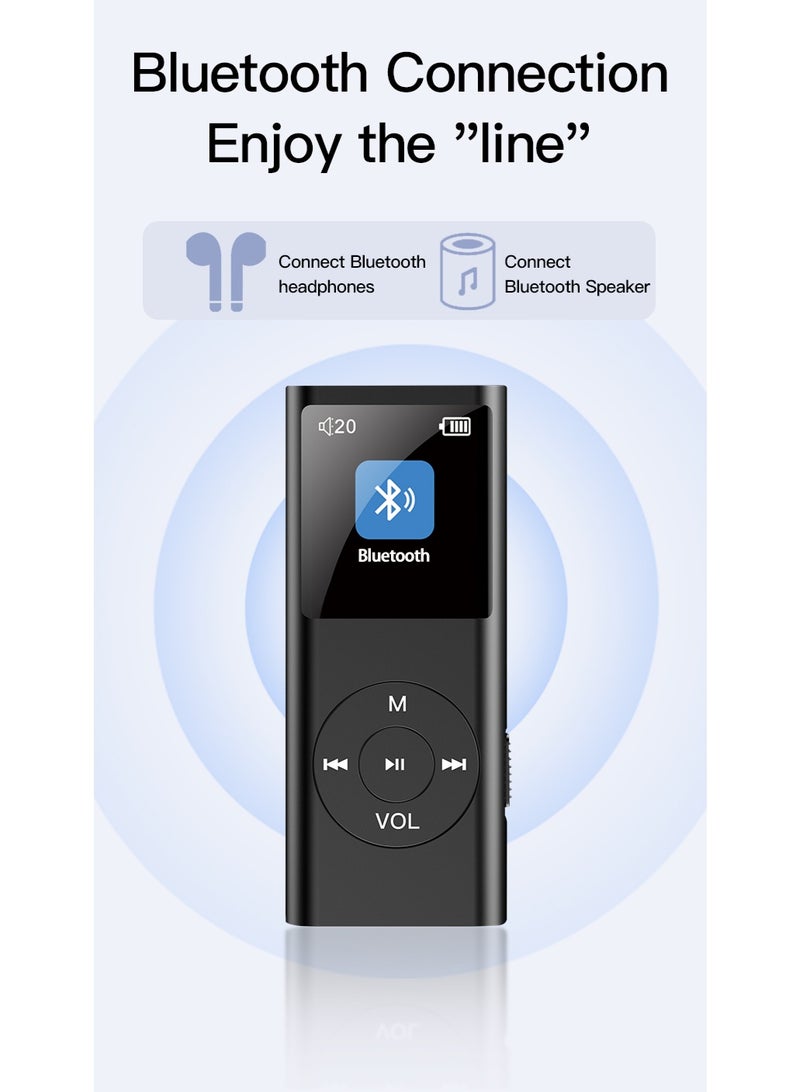 SANMUDII Bluetooth MP3 player with 64GB of storage, featuring a smart system with a vibrant UI and an IPS HD display. Includes a built-in speaker, FM radio, voice recording, and e-book compatibility. Designed specifically for sports and running, this portable media player makes an excellent gift for classmates, friends, family, or students—perfect for the holidays (Black). - Image 3