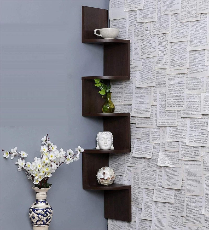 OFIXO Wooden Wall Shelves Corner Hanging Shelf for Living Room Stylish Zig Zag Home Decor Floating Display Rack Storage Organizer Unique Design with Finish 5 Tiers Brown Finish