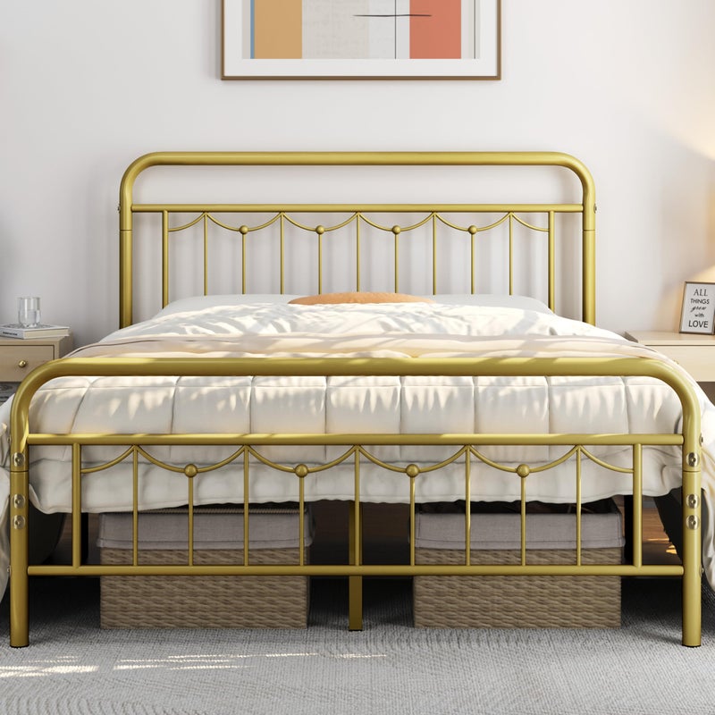 Yaheetech Queen Size Metal Bed Frames with Vintage Headboard and Footboard Farmhouse Metal Platform Bed Heavy Duty Steel Slat Support Ample UnderBed Storage No Box Spring Needed Antique Gold