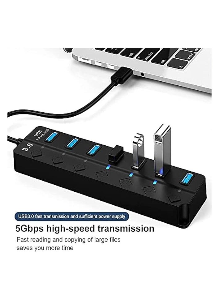 erorex - Powered USB Hub 3.0, 7 Ports USB Charging Extender Data Hub Splitter Extension, with Individual Switches and Lights for Laptop, PC, Computer, USB Devices Super Compatible, 5Gbps Data Transfer Speed - Image 1