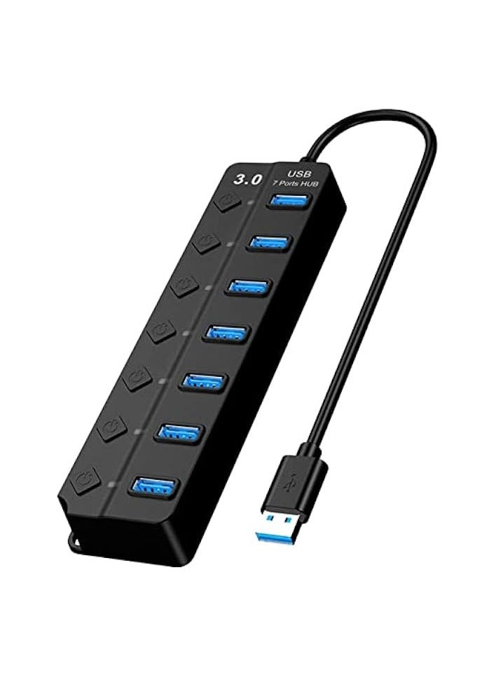 Powered USB Hub 3.0, 7 Ports USB Charging Extender Data Hub Splitter Extension, with Individual Switches and Lights for Laptop, PC, Computer, USB Devices Super Compatible, 5Gbps Data Transfer Speed