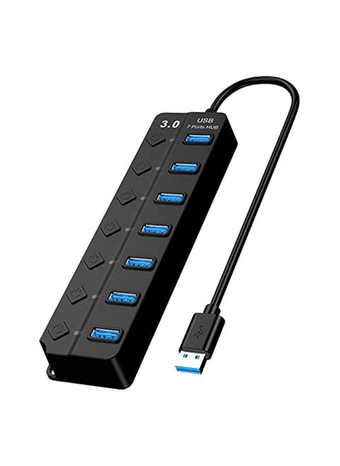 Powered USB Hub 3.0, 7 Ports USB Charging Extender Data Hub Splitter Extension, with Individual Switches and Lights for Laptop, PC, Computer, USB Devices Super Compatible, 5Gbps Data Transfer Speed