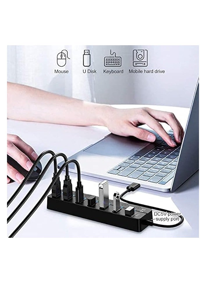 erorex - Powered USB Hub 3.0, 7 Ports USB Charging Extender Data Hub Splitter Extension, with Individual Switches and Lights for Laptop, PC, Computer, USB Devices Super Compatible, 5Gbps Data Transfer Speed - Image 1