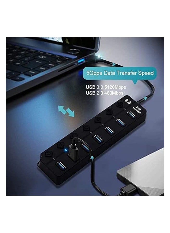 erorex - Powered USB Hub 3.0, 7 Ports USB Charging Extender Data Hub Splitter Extension, with Individual Switches and Lights for Laptop, PC, Computer, USB Devices Super Compatible, 5Gbps Data Transfer Speed - Image 1