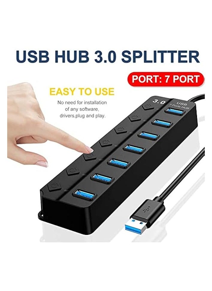 erorex - Powered USB Hub 3.0, 7 Ports USB Charging Extender Data Hub Splitter Extension, with Individual Switches and Lights for Laptop, PC, Computer, USB Devices Super Compatible, 5Gbps Data Transfer Speed - Image 1