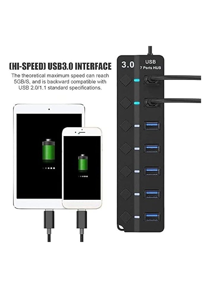 erorex - Powered USB Hub 3.0, 7 Ports USB Charging Extender Data Hub Splitter Extension, with Individual Switches and Lights for Laptop, PC, Computer, USB Devices Super Compatible, 5Gbps Data Transfer Speed - Image 1