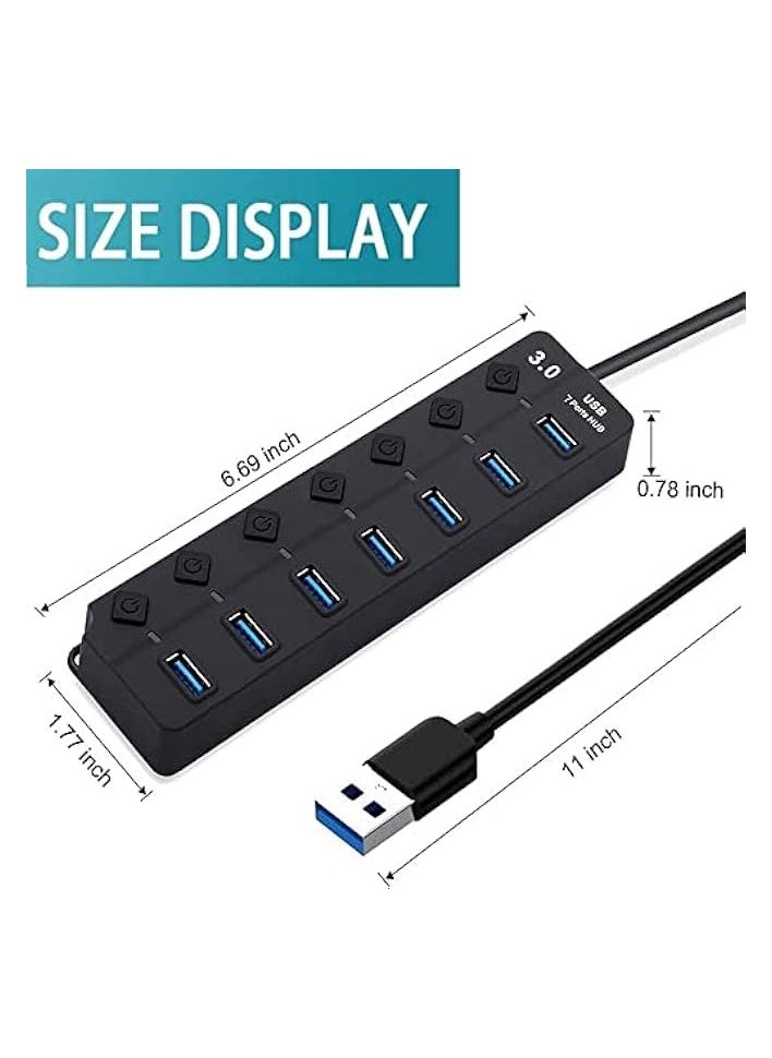 erorex - Powered USB Hub 3.0, 7 Ports USB Charging Extender Data Hub Splitter Extension, with Individual Switches and Lights for Laptop, PC, Computer, USB Devices Super Compatible, 5Gbps Data Transfer Speed - Image 1