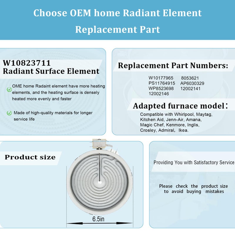 OEM home Upgraded 6.5 in W10823711 MEE62385001 DG47-00060A Range Surface Element Compatible with LG MEE62385001, Compatible with Samsung DG47-00060A, Compatible with Whirlpool W10823711 Element - Image 2