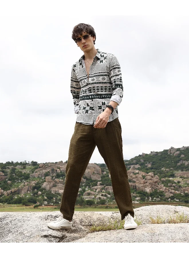 CAHOOT  Men's Forest Green & Cream White Geometric Seersucker Shirt For Casual Wear | Spread Collar | Long Sleeve | Button Closure | Shirt Crafted With Comfort Fit For Everyday Wear for Men | Best Price UAE