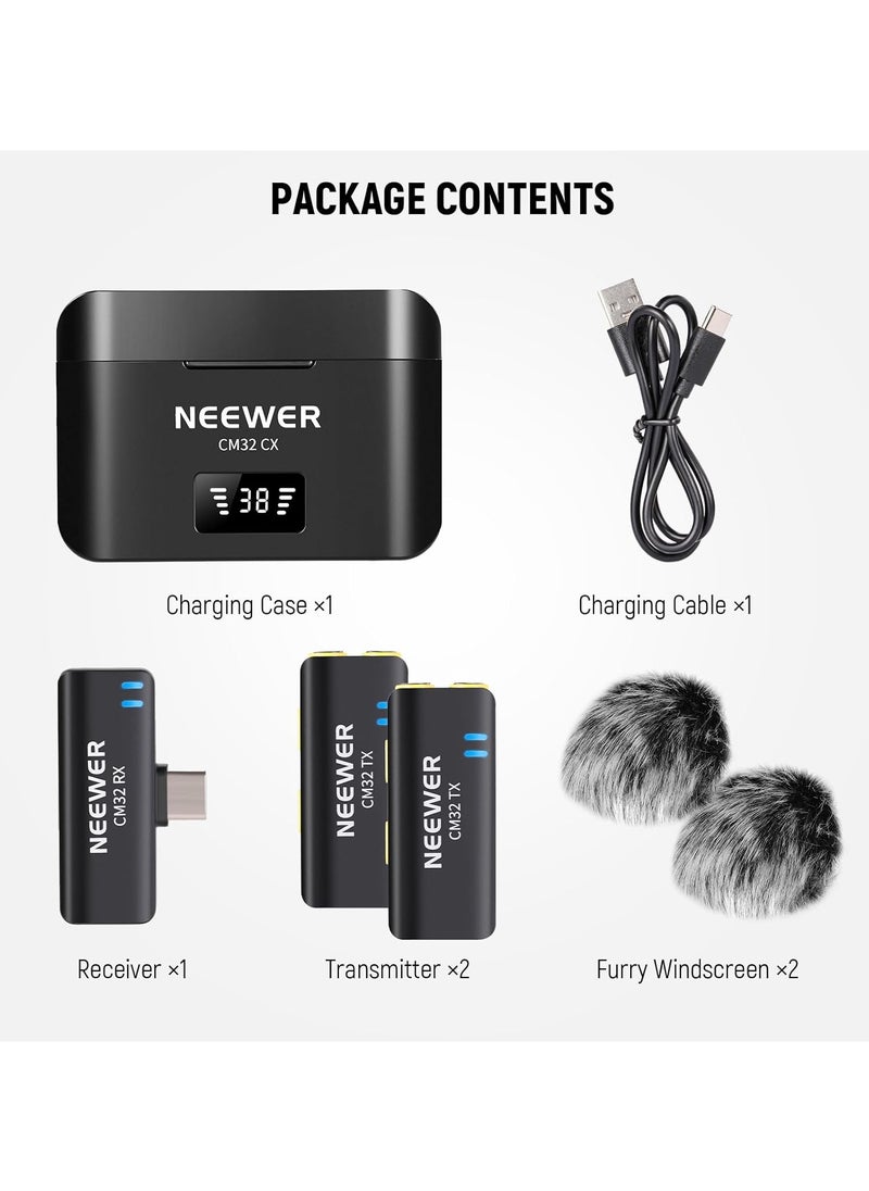 Neewer Neewer Wireless Lavalier Microphone Set for Type C, Dual Omnidirectional Condenser Lapel Mics, Noise Canceling, 2 Clip On Mics with Charging Case for Video Recording Podcast Live Streaming, CM32  - Image 5