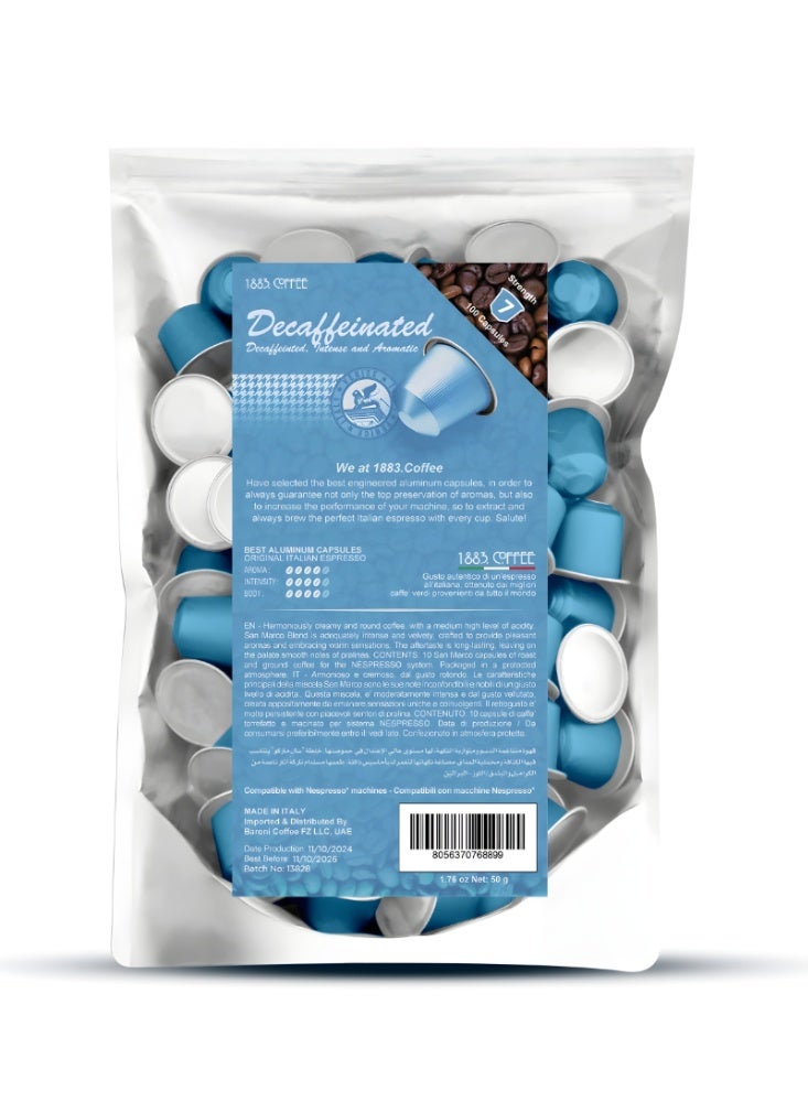 1883. coffee Decaffeinated 100 Capsules Coffee in 100% Aluminum Infinitely Recyclable, Blend Intensity 4/5, Box with 100 Loose Capsules Compatible with Nespresso Machine, Made in Italy - Image 1