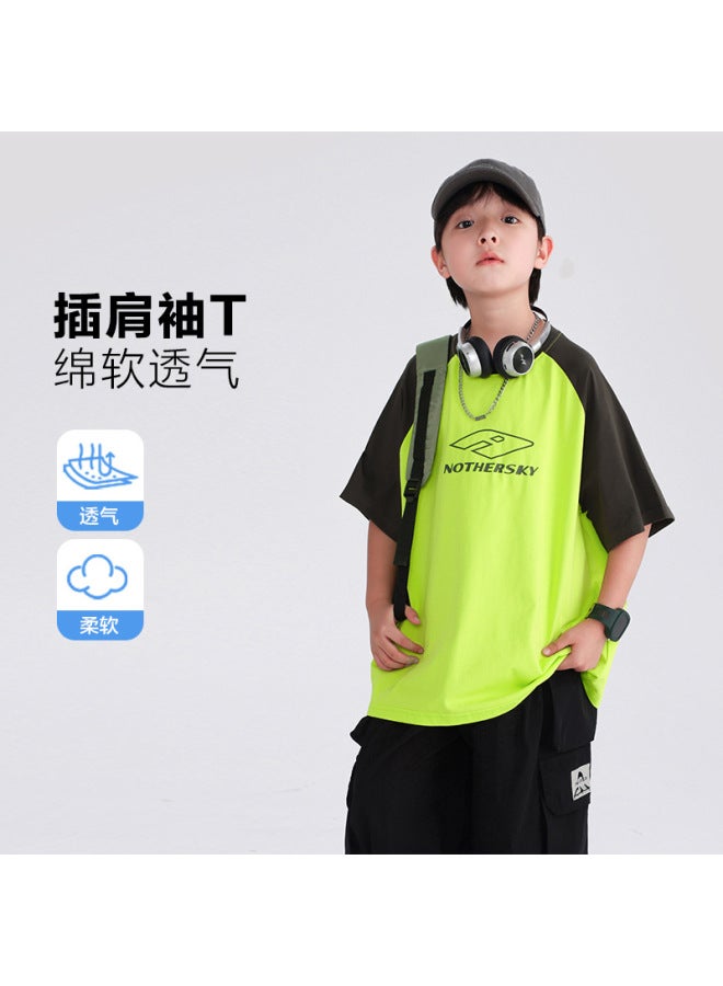 Boys' Summer Korean Style Color-blocking Sports Short-sleeve T-shirt  New Model For Teenagers And Children, Loose And Cool Thin Top