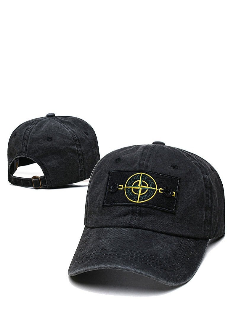 Stone Island Washed Black Cap: Compass Patch  Buckle Detail