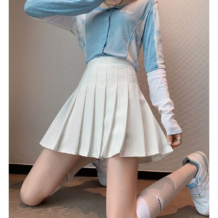 Pleated Skirt A-Line Dress Shirt Jacket T-Shirt Black - Image 2