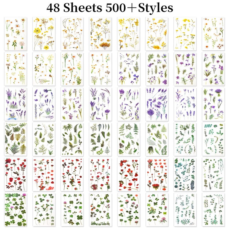 KFPPLXQ 722 Pieces Pressed Flower Stickers for Crafts (Assorted 722 Pieces,48 Sheets) Flower Sticker for Crafts for Resin Dried Floral Sticker Cute Scrapbook Craft Stickers for DIY Journal Notebook - Image 3