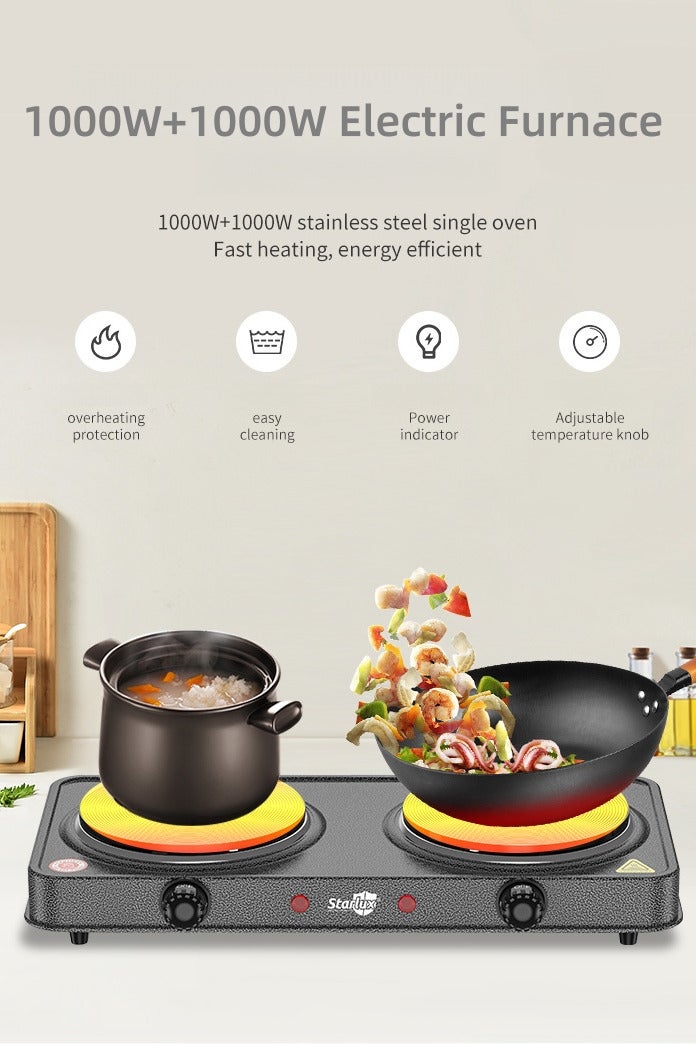 STARLUX Double Hot plate, Portable Double Burner Electric Cooktop with 5 Temperature Adjustments, 2000W High Power, Fast and Uniform Heating, Easy to Clean, Ideal for Home, Kitchens or Travel - Image 2