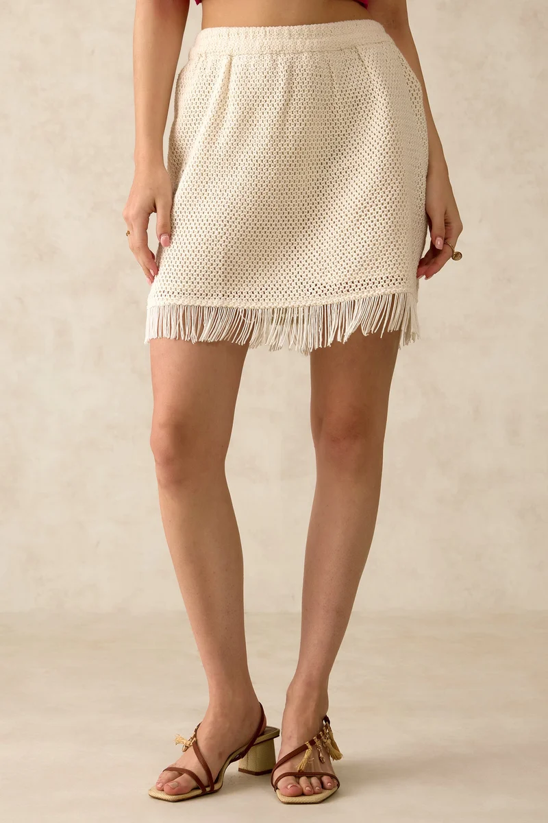 Virgio Solid Cotton Crochet Mini Skirt With Fringes for Women