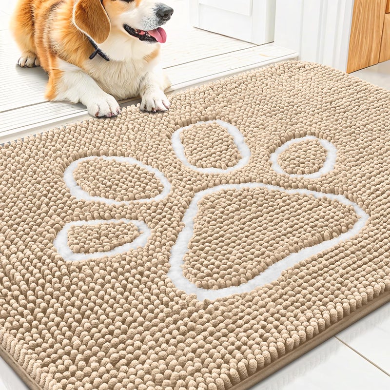 Smiry Dog Door Mat for Muddy Paws, Absorbent Dirt Trapper Non Slip Quick Dry Washable Chenille Mat for Mud Dogs, Entry Rug for Indoor and Outdoor (30x20 Inches, Beige and White) - Image 1
