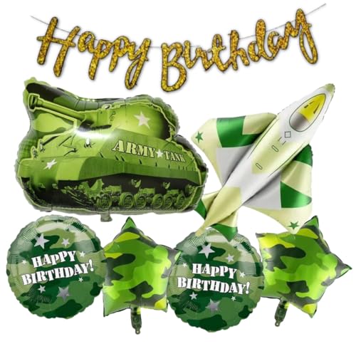 Atpata Funky Army Soldier Theme Happy Birthday Decoration Kit - Camouflage Banner, Tank Foil Balloon, Starburst Balloon, and Latex Balloons - Perfect for Military-Themed Celebrations - Image 1