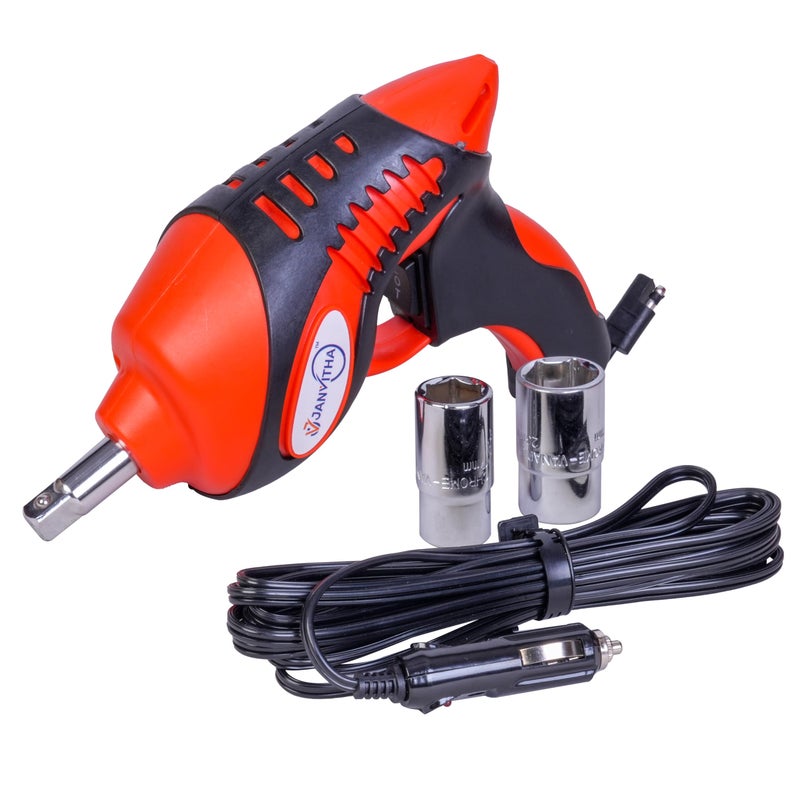 JANVITHA 12V DC Electric Wrench with 100W Output Power and 350 NM Torque for Car | Impact Driver Car Repair Tool with Box and LED Light Indicator (Orange) - Image 1