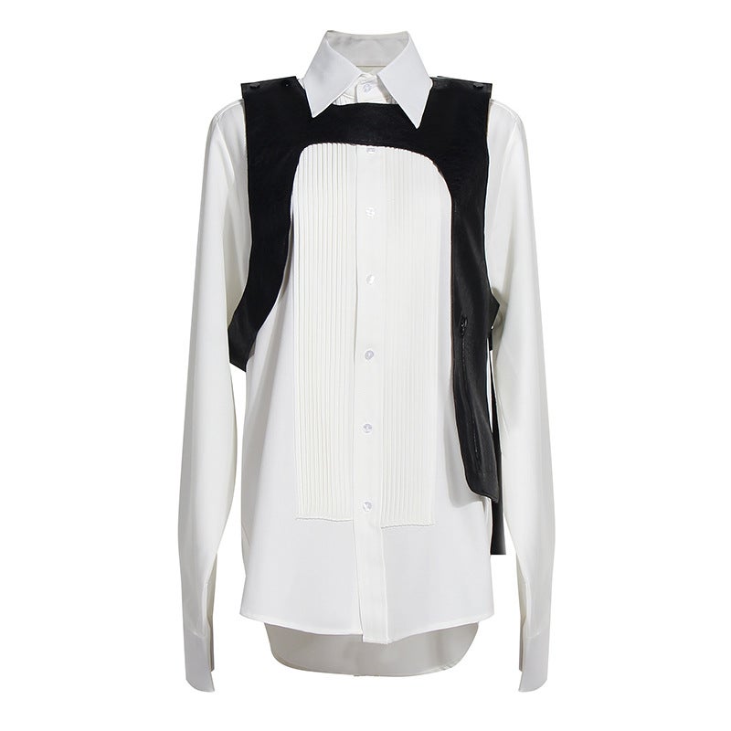 Independent Design Exquisite Organ Pleated Design Sense Niche Heavy Industry Loose Boyfriend Style White Shirt Vest Two-piece Set White 