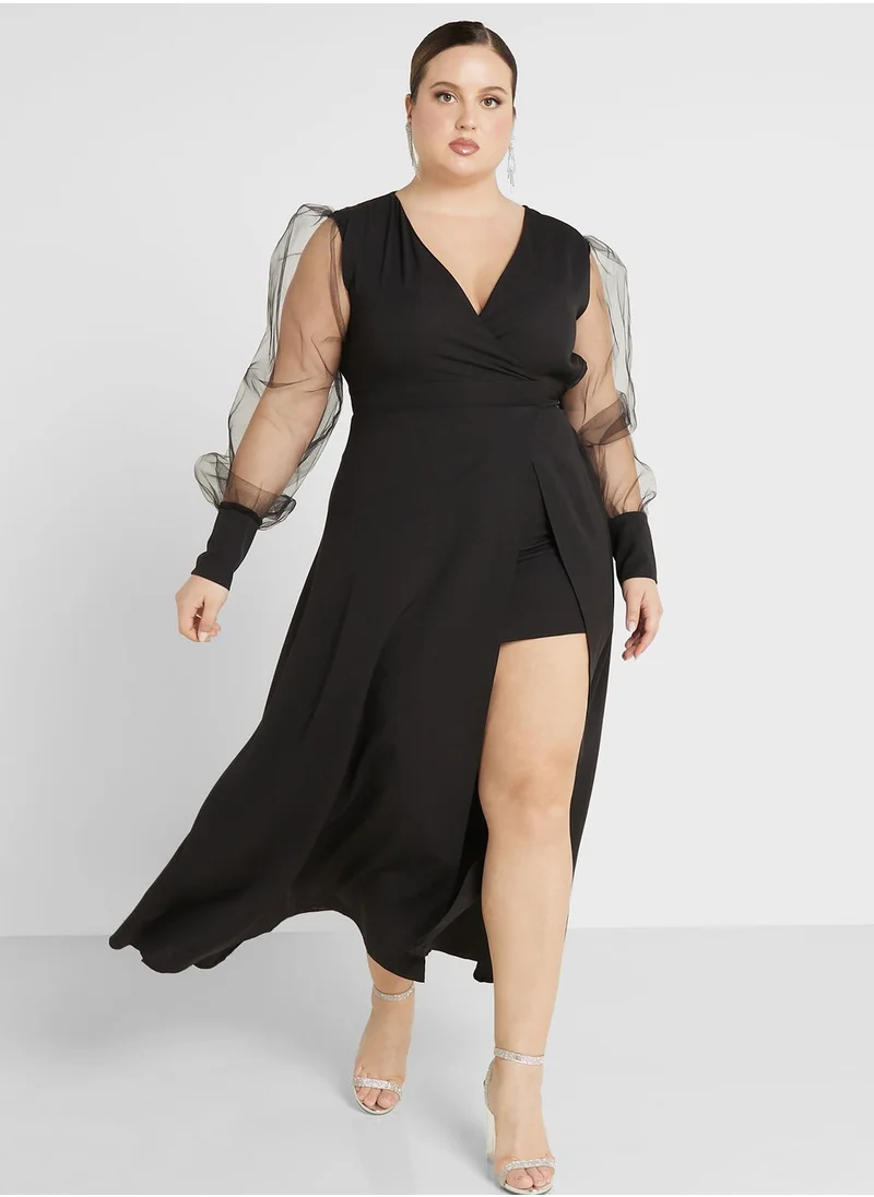 ايلا ليمتد كيرف Mesh Sleeve Fit & Flareside Slit Dress