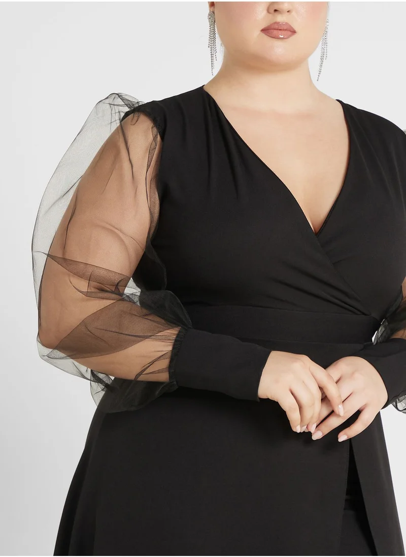 ايلا ليمتد كيرف Mesh Sleeve Fit & Flareside Slit Dress