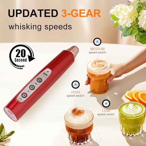 YUSWKO Red Milk Frother Handheld with 3 Heads, Coffee Whisk Foam Mixer with USB Rechargeable 3 Speeds, Electric Mini Hand Hand Frother for Latte, Cappuccino, Hot Chocolate, Egg - Image 2