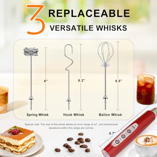 YUSWKO Red Milk Frother Handheld with 3 Heads, Coffee Whisk Foam Mixer with USB Rechargeable 3 Speeds, Electric Mini Hand Hand Frother for Latte, Cappuccino, Hot Chocolate, Egg - Image 4