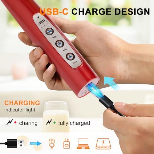 YUSWKO Red Milk Frother Handheld with 3 Heads, Coffee Whisk Foam Mixer with USB Rechargeable 3 Speeds, Electric Mini Hand Hand Frother for Latte, Cappuccino, Hot Chocolate, Egg - Image 3