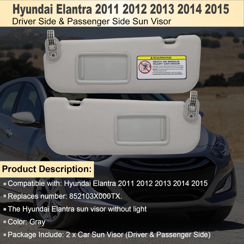 NHILES Left Driver & Right Passenger Side Sun Visor Replacement Compatible with Hyundai Elantra 2011 2012 2013 2014 2015 Replace# 852103X000TX Colour Gray - Image 2