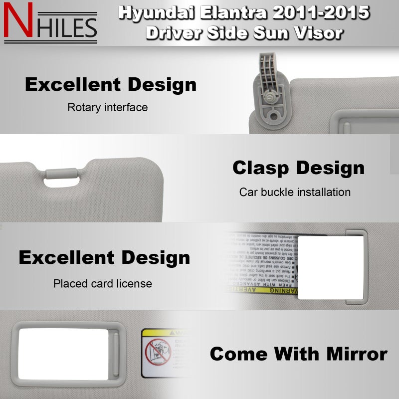 NHILES Left Driver & Right Passenger Side Sun Visor Replacement Compatible with Hyundai Elantra 2011 2012 2013 2014 2015 Replace# 852103X000TX Colour Gray - Image 3