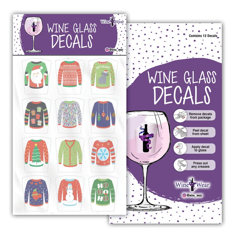 Wine Wear Drink Markers - 12 Christmas Ugly Sweater Wine Glass Markers, Reusable Sticker Decals Drink Identifiers, Holiday Party Decorations - Image 3