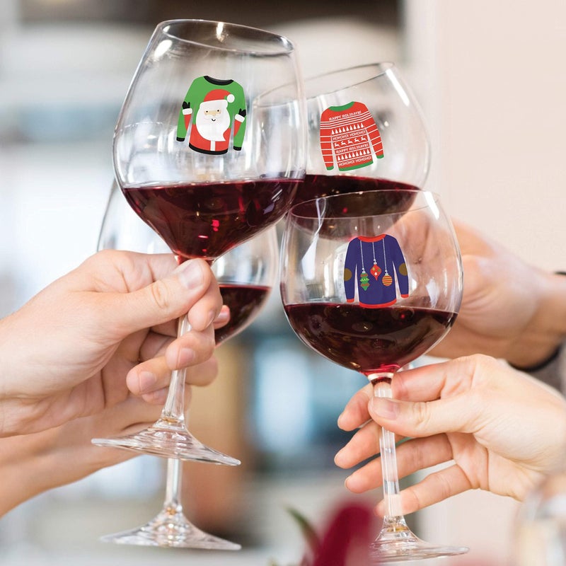Wine Wear Drink Markers - 12 Christmas Ugly Sweater Wine Glass Markers, Reusable Sticker Decals Drink Identifiers, Holiday Party Decorations - Image 2